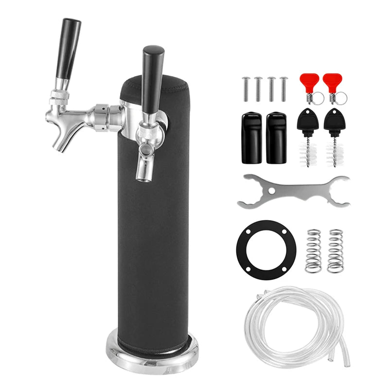 Dual Faucet Draft Beer Tower,3" Dia.Polished Beer Column Kegerator Homebrew Dispenser Kit with Pre - Assembled Tubing Wrench Tools - CleanOva