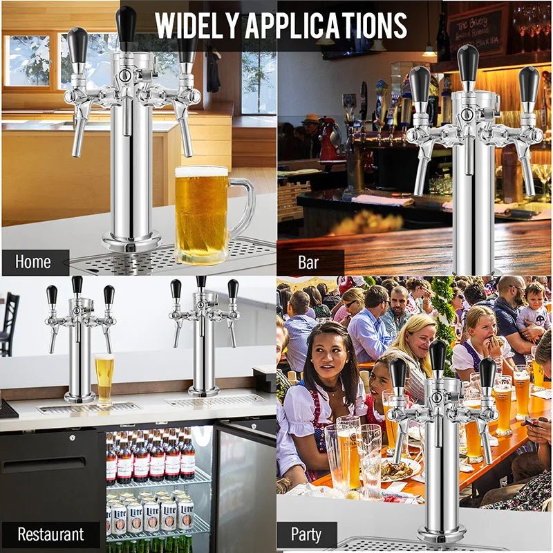 Draft Beer Tower, 3 Faucets Kegerator Beer Tower,3'' Silver Column 3 - way Tap Dispenser with flow adjustable knob,Bar Accessories - CleanOva