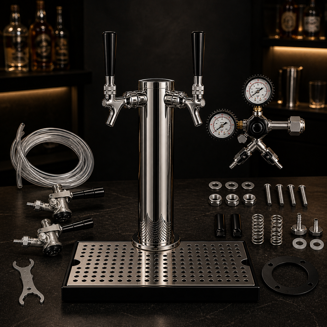 Dual Tap Beer Tower Kit – Complete Draft System with CO₂ Regulator