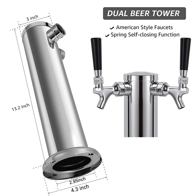 Dual Faucet Draft Beer Tower,3" Dia.Polished Beer Column Kegerator Homebrew Dispenser Kit with Pre - Assembled Tubing Wrench Tools - CleanOva
