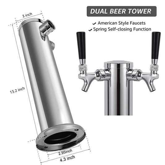 Dual Faucet Draft Beer Tower,3" Dia.Polished Beer Column Kegerator Homebrew Dispenser Kit with Pre - Assembled Tubing Wrench Tools - CleanOva