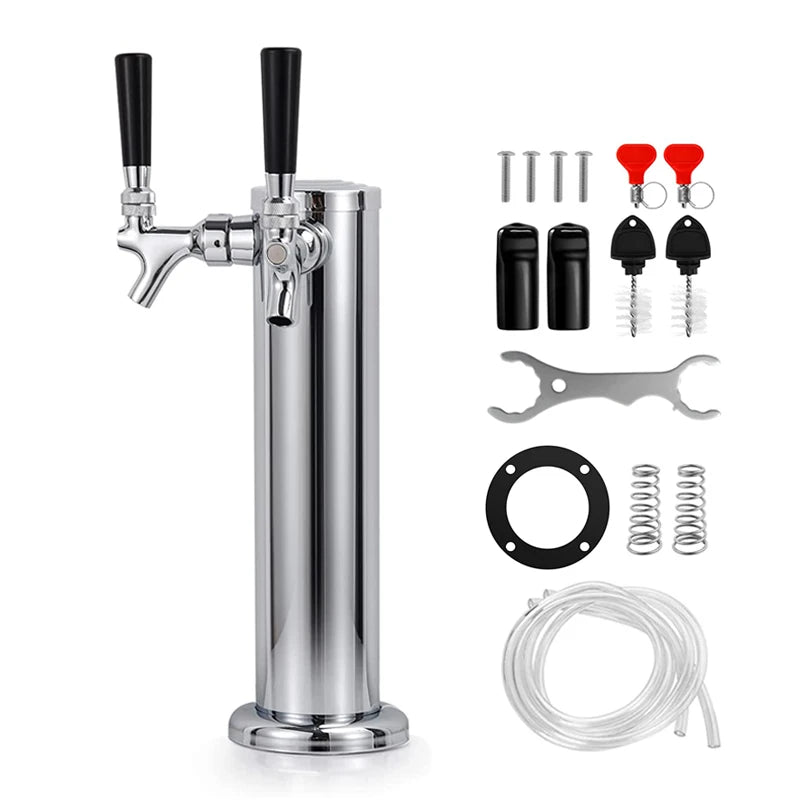 Dual Faucet Draft Beer Tower,3" Dia.Polished Beer Column Kegerator Homebrew Dispenser Kit with Pre - Assembled Tubing Wrench Tools - CleanOva