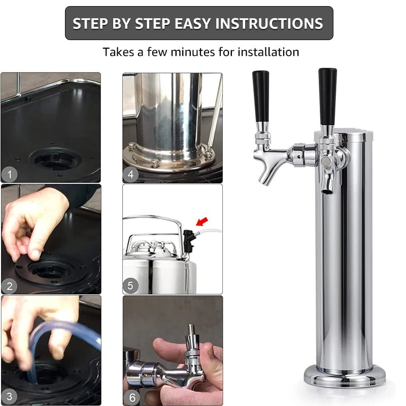 Dual Faucet Draft Beer Tower,3" Dia.Polished Beer Column Kegerator Homebrew Dispenser Kit with Pre - Assembled Tubing Wrench Tools - CleanOva