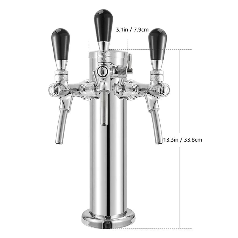 Draft Beer Tower, 3 Faucets Kegerator Beer Tower,3'' Silver Column 3 - way Tap Dispenser with flow adjustable knob,Bar Accessories - CleanOva
