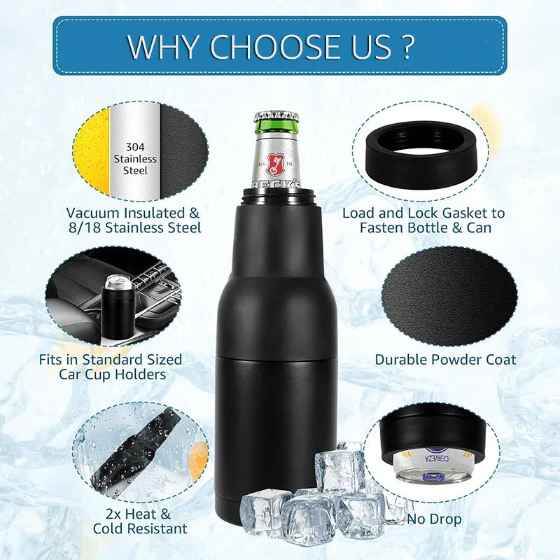 3-in-1 Beer Cooler – Insulated Stainless Steel Bottle & Can Holder