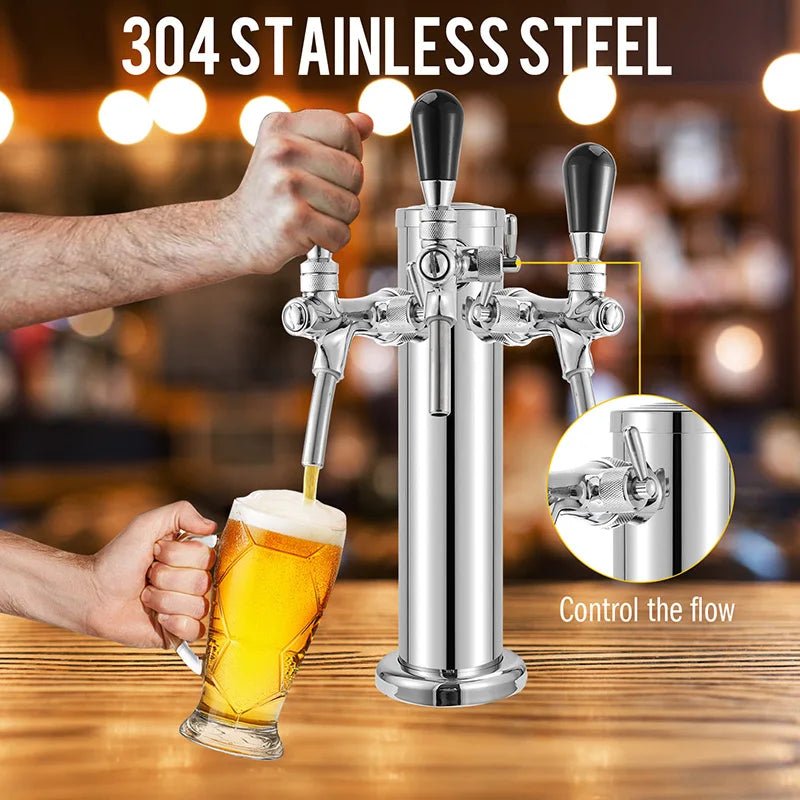 Draft Beer Tower, 3 Faucets Kegerator Beer Tower,3'' Silver Column 3 - way Tap Dispenser with flow adjustable knob,Bar Accessories - CleanOva