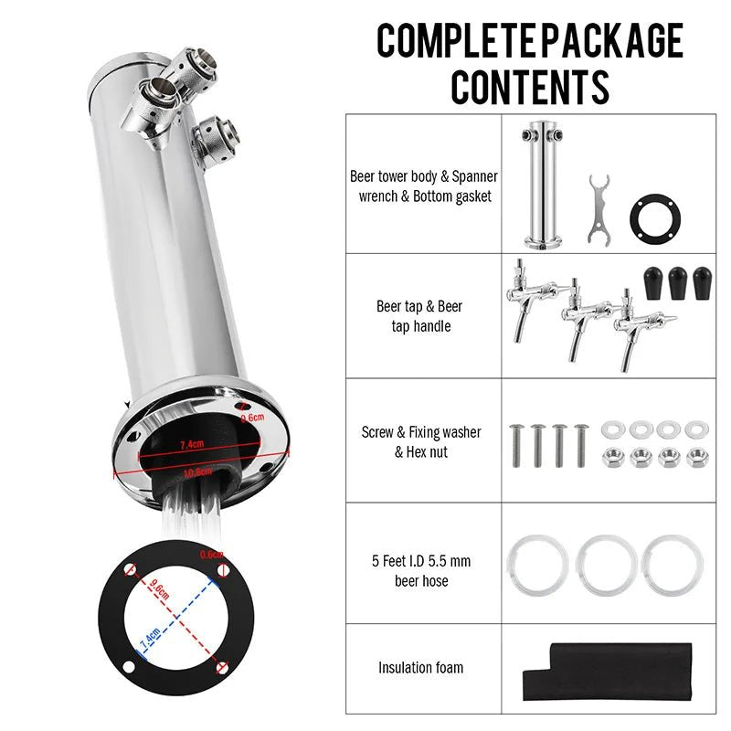 Draft Beer Tower, 3 Faucets Kegerator Beer Tower,3'' Silver Column 3 - way Tap Dispenser with flow adjustable knob,Bar Accessories - CleanOva