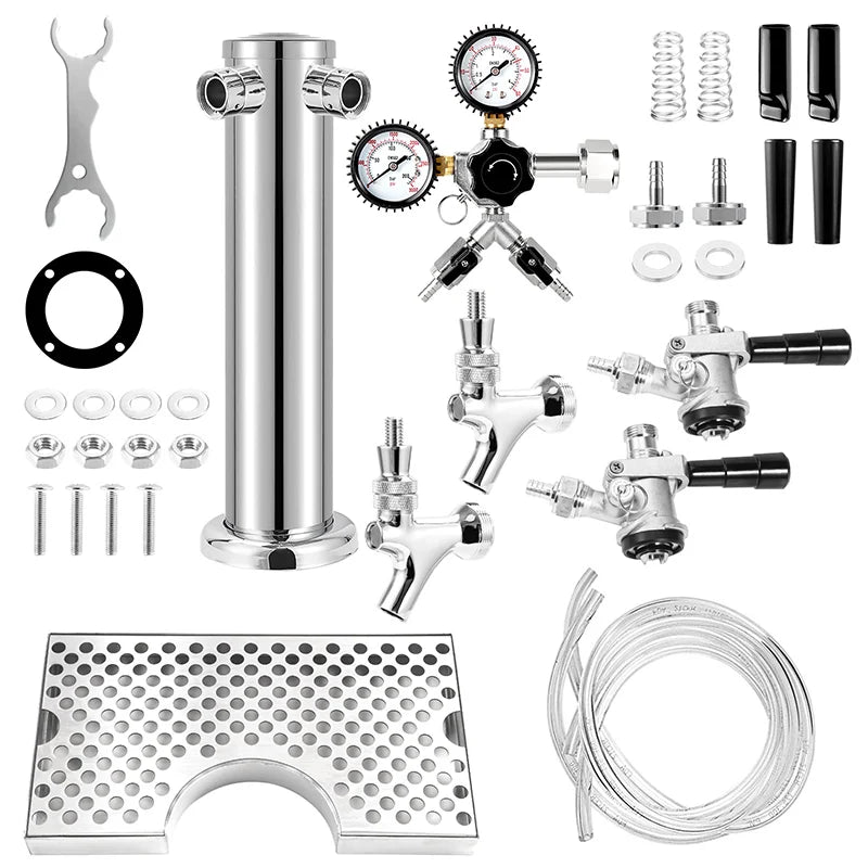 Dual - Faucet Beer Tower,Craft Beer Column Kit with Tap,Co2 Regulator,Keg Coupler and Drip Tray, Homebrew Bar Kegerator Dispenser - CleanOva