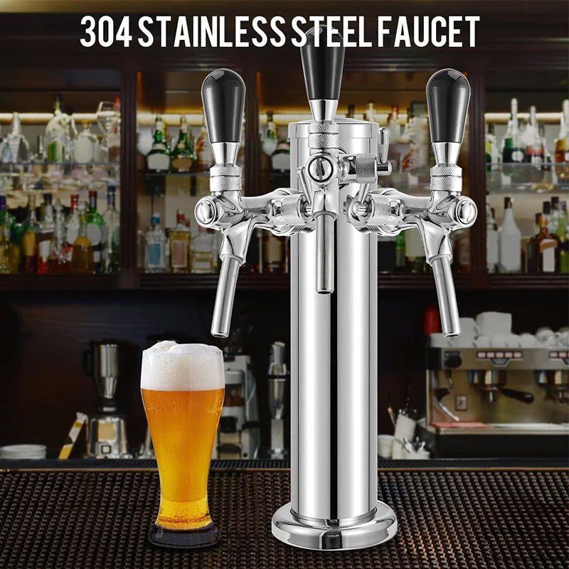 Draft Beer Tower, 3 Faucets Kegerator Beer Tower,3'' Silver Column 3 - way Tap Dispenser with flow adjustable knob,Bar Accessories - CleanOva