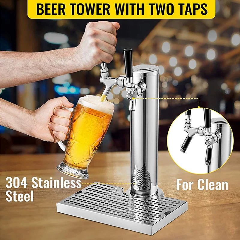 Dual - Faucet Beer Tower,Craft Beer Column Kit with Tap,Co2 Regulator,Keg Coupler and Drip Tray, Homebrew Bar Kegerator Dispenser - CleanOva