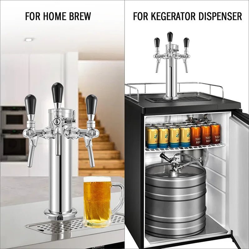 Draft Beer Tower, 3 Faucets Kegerator Beer Tower,3'' Silver Column 3 - way Tap Dispenser with flow adjustable knob,Bar Accessories - CleanOva