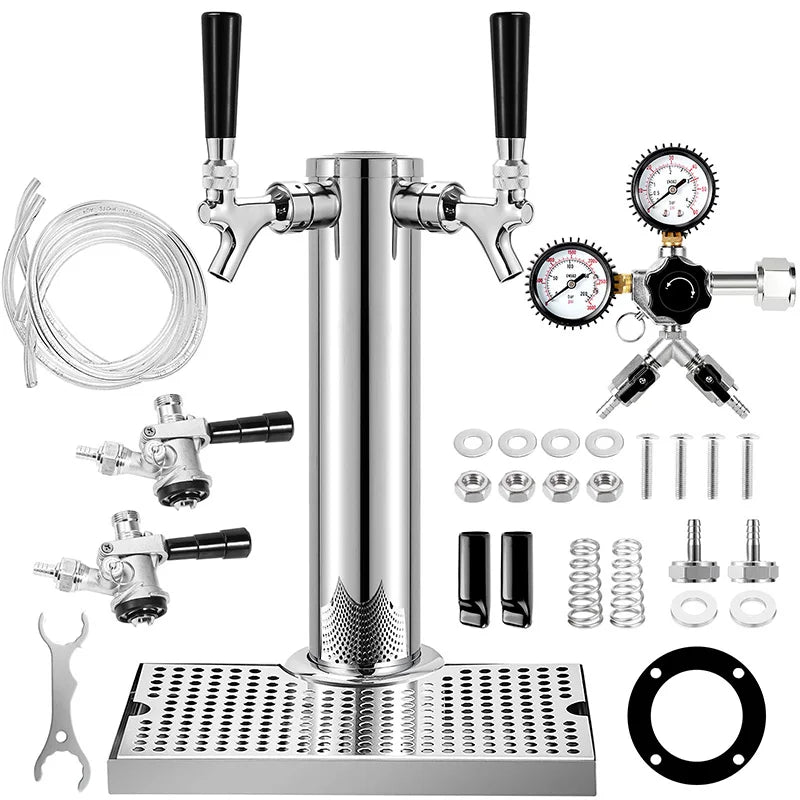 Dual - Faucet Beer Tower,Craft Beer Column Kit with Tap,Co2 Regulator,Keg Coupler and Drip Tray, Homebrew Bar Kegerator Dispenser - CleanOva