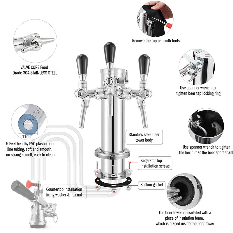 Draft Beer Tower, 3 Faucets Kegerator Beer Tower,3'' Silver Column 3 - way Tap Dispenser with flow adjustable knob,Bar Accessories - CleanOva