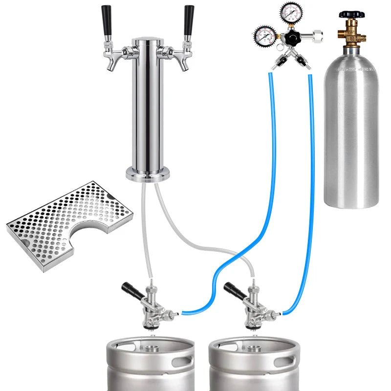 Dual - Faucet Beer Tower,Craft Beer Column Kit with Tap,Co2 Regulator,Keg Coupler and Drip Tray, Homebrew Bar Kegerator Dispenser - CleanOva