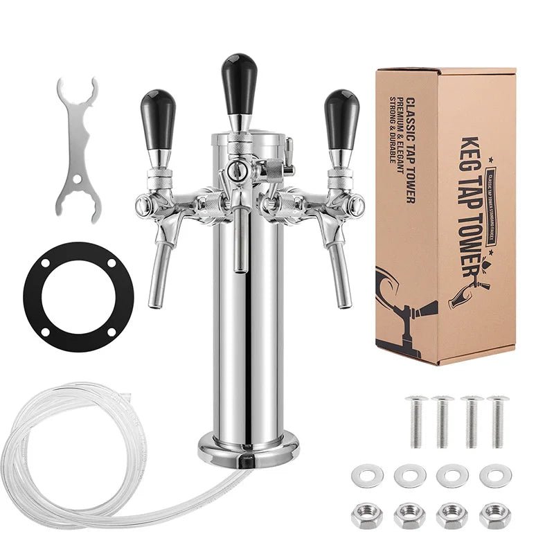 Draft Beer Tower, 3 Faucets Kegerator Beer Tower,3'' Silver Column 3 - way Tap Dispenser with flow adjustable knob,Bar Accessories - CleanOva