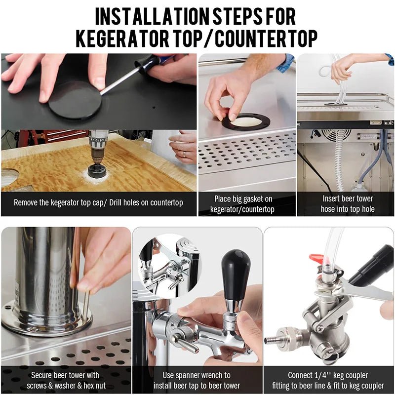 Draft Beer Tower, 3 Faucets Kegerator Beer Tower,3'' Silver Column 3 - way Tap Dispenser with flow adjustable knob,Bar Accessories - CleanOva