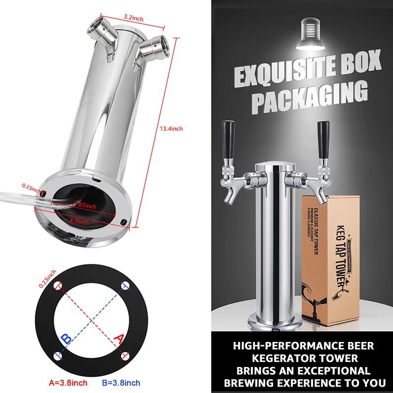 Dual Faucet Draft Beer Tower,3" Dia.Polished Beer Column Kegerator Homebrew Dispenser Kit with Pre - Assembled Tubing Wrench Tools - CleanOva